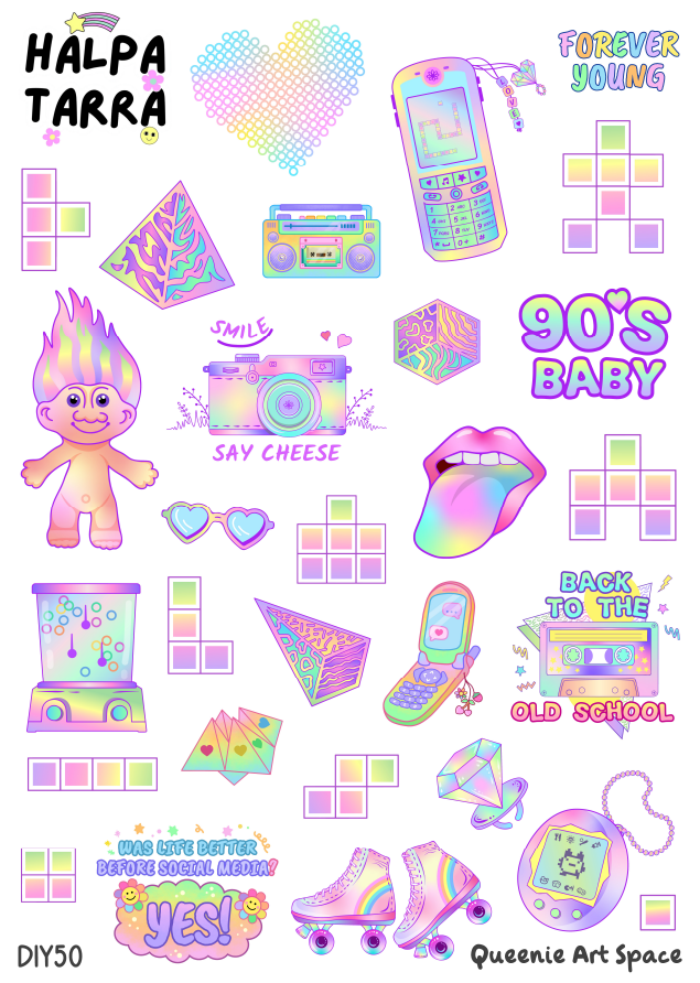 90-luvun Nostalgia & 90's Baby – Kalenteritarrat A4 DIY -tarra-arkki, jossa on 90-luvun retro-esineitä, tamagotchi, peikkohahmo, rullaluistimet ja pastellisävyjä bujoon ja kalenteriin.