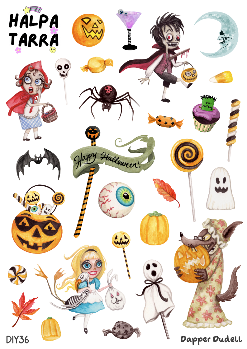 Halloween Hahmot & Karkit – Kalenteritarrat A4 DIY -tarra-arkki, jossa on halloweenasuisia hahmoja, karkkeja, kurpitsoja, haamuja ja silmämunia bujoon ja kalenteriin.
