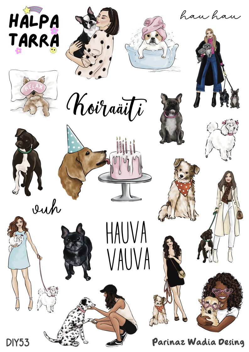 Koiraäiti & Hauvat – Kalenteritarrat A4 DIY -tarra-arkki, jossa on erilaisia koiraroduttuja, koiranomistajia, syntymäpäiväkakku ja koiraäiti-tekstejä bujoon ja kalenteriin.