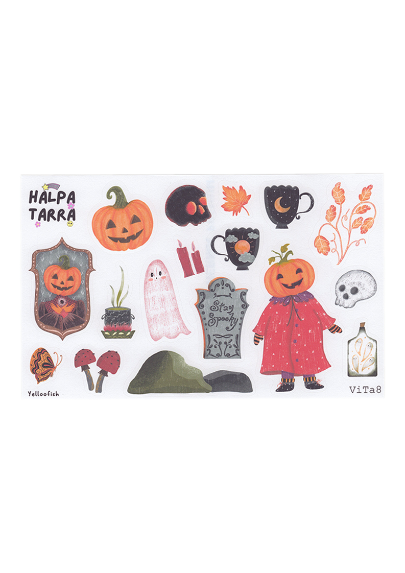 Lähikuva muotoon leikatusta kurpitsahahmosta ja Stay Spooky -hautakivitarrasta Herma Premium -paperilla