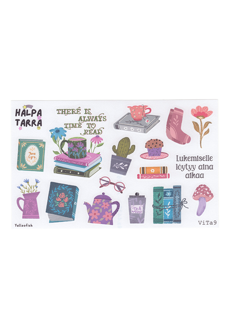 Lähikuva muotoon leikatusta teepannutarrasta ja Lukemiselle löytyy aina aikaa -tekstitarrasta Herma Premium -paperilla