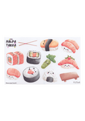 Kotimainen Söpöt sushit -tarra-arkki kalenteriin, jossa muotoon leikattuja kawaii-sushitarroja
