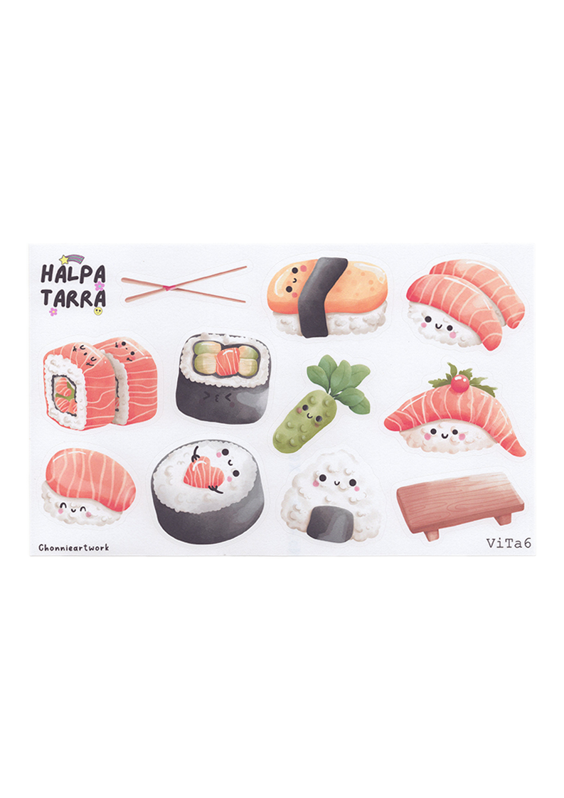 Kotimainen Söpöt sushit -tarra-arkki kalenteriin, jossa muotoon leikattuja kawaii-sushitarroja