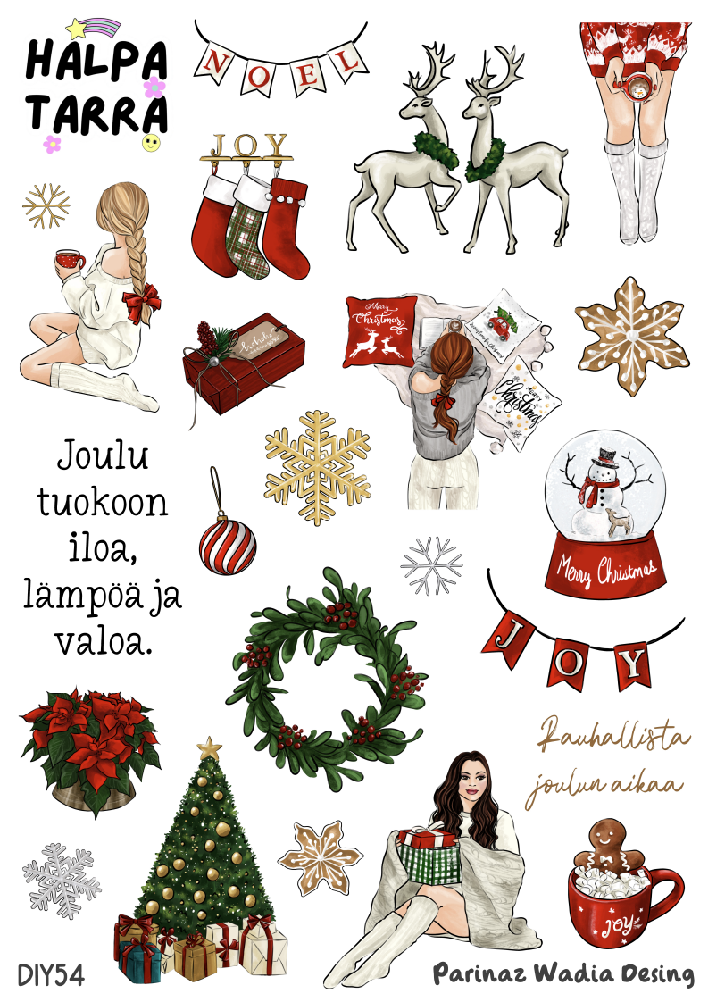 Kotoisa Joulu & Talvi – Kalenteritarrat A4 DIY -tarra-arkki, jossa on joulukuusi, poroja, kaakaomuki, joulutervehdyksiä ja talvitunnelmaa bujoon ja kalenteriin.
