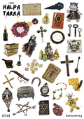 Noidan Tarvikkeet & Taikakalut – Kalenteritarrat A4 DIY -tarra-arkki, jossa on loitsukirjoja, taikajuomapulloja, riimuja, tarot-kortti ja noidannukke bujoon ja kalenteriin.