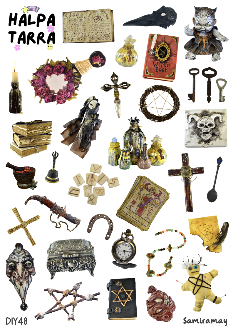 Noidan Tarvikkeet & Taikakalut – Kalenteritarrat A4 DIY -tarra-arkki, jossa on loitsukirjoja, taikajuomapulloja, riimuja, tarot-kortti ja noidannukke bujoon ja kalenteriin.
