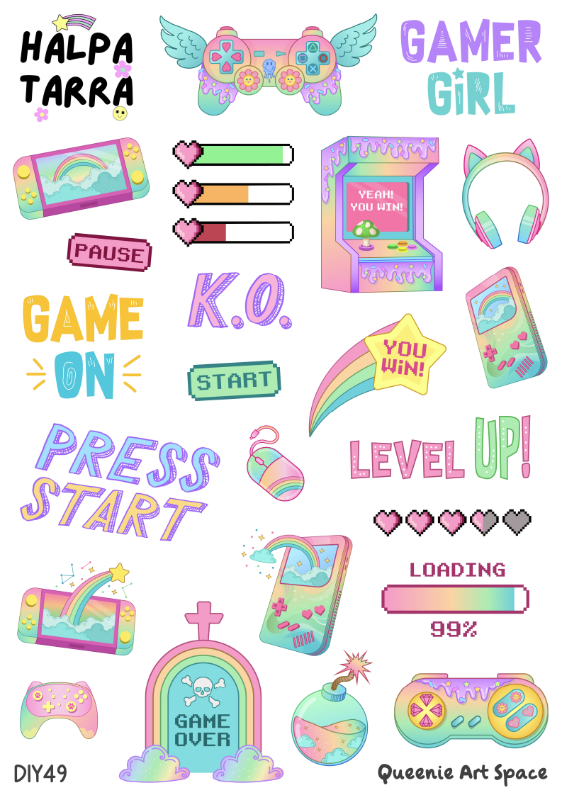 Pastel Gaming & Gamer Girl – Kalenteritarrat A4 DIY -tarra-arkki, jossa on peliohjaimia, pelikoneita, Gamer Girl -tekstejä ja sydämiä bujoon ja kalenteriin.