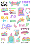 Pastel Gaming & Gamer Girl – Kalenteritarrat A4 DIY -tarra-arkki, jossa on peliohjaimia, pelikoneita, Gamer Girl -tekstejä ja sydämiä bujoon ja kalenteriin.