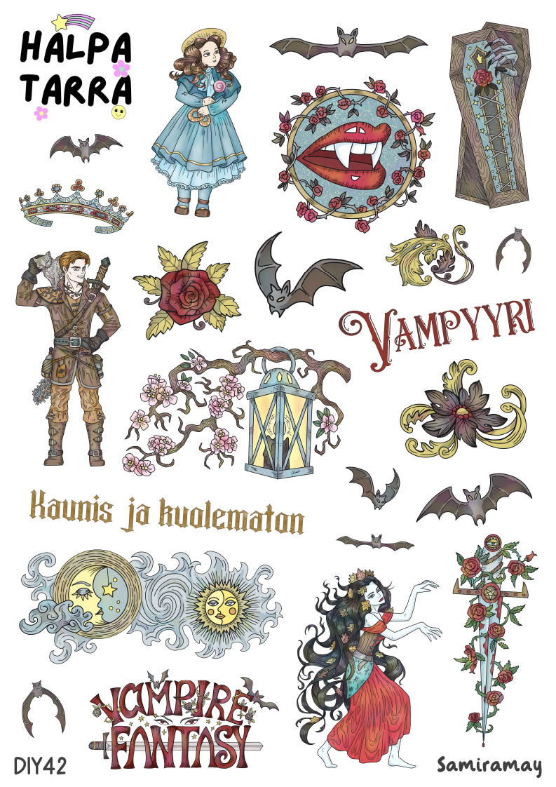 Pimeyden Romantiikka & Vampyyrit – Kalenteritarrat A4 DIY -tarra-arkki, jossa on vampyyrihahmoja, ruumisarkku, miekka, ruusuja, lepakkoja ja goottilaisia tekstejä bujoon ja kalenteriin.
