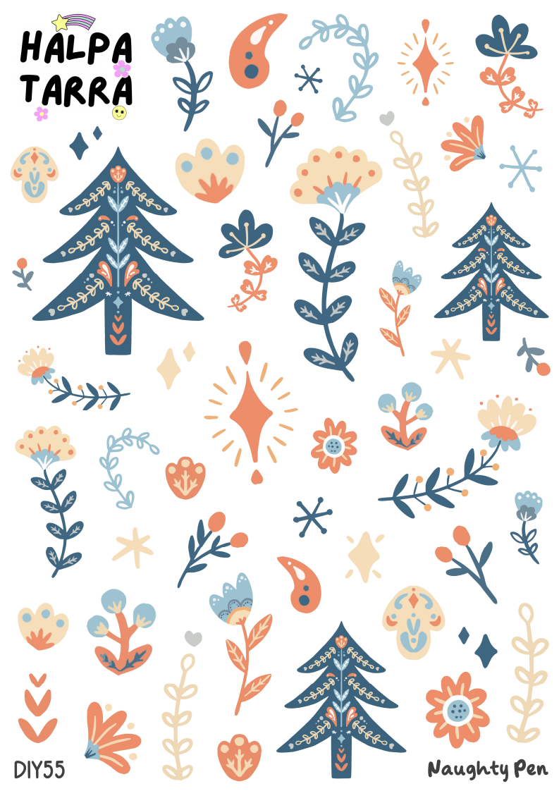 Pohjoinen Folk Art & Luonto – Kalenteritarrat A4 DIY -tarra-arkki, jossa on skandinaavisia folk art -tyylisiä kuusia, kukkia ja luontoaiheisia kuvioita bujoon ja kalenteriin.