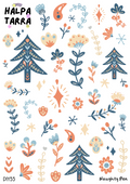 Pohjoinen Folk Art & Luonto – Kalenteritarrat A4 DIY -tarra-arkki, jossa on skandinaavisia folk art -tyylisiä kuusia, kukkia ja luontoaiheisia kuvioita bujoon ja kalenteriin.