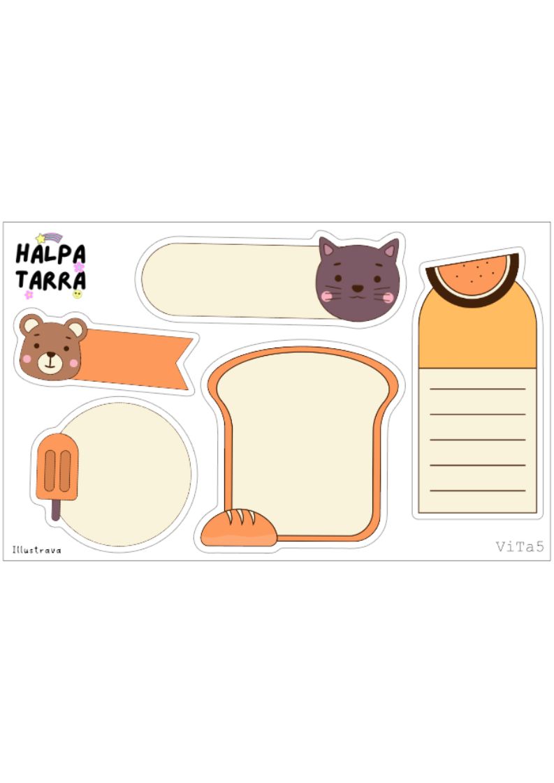Söpöt eläimet ja herkut muistiinpanotarrat -tarra-arkki. Muotoon leikatut kissa-, karhu- ja paahtoleipäaiheiset muistilapputarrat ja laatikkotarrat kalenteriin ja bujoon.