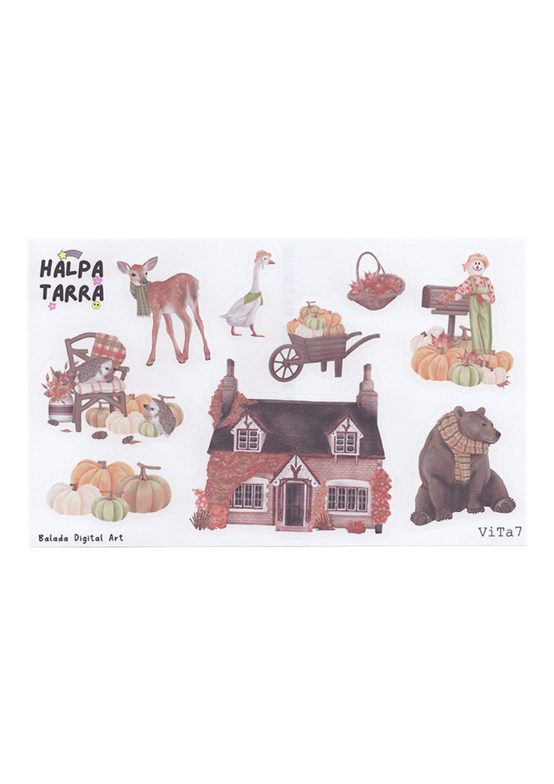 kotimainen Syksyn maaseutu -tarra-arkki, jossa muotoon leikattuja kurpitsa-, eläin- ja talotarroja