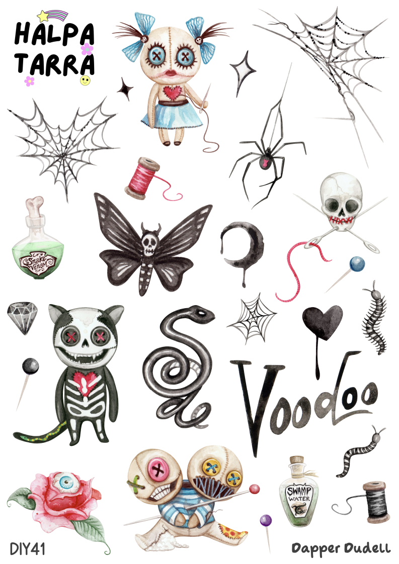 Voodoo & Mystiikka – Kalenteritarrat A4 DIY -tarra-arkki, jossa on voodoo-nukkeja, luurankokissa, taikajuomapulloja, hämähäkinseittejä ja käärme bujoon ja kalenteriin.