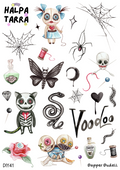 Voodoo & Mystiikka – Kalenteritarrat A4 DIY -tarra-arkki, jossa on voodoo-nukkeja, luurankokissa, taikajuomapulloja, hämähäkinseittejä ja käärme bujoon ja kalenteriin.