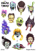 Zombie Muotokuvat & Monsterit – Kalenteritarrat A4 DIY -tarra-arkki, jossa on zombien ja monsterien päitä, Frankenstein, sateenkaari-zombi ja sudenhupullinen hahmo bujoon ja kalenteriin.
