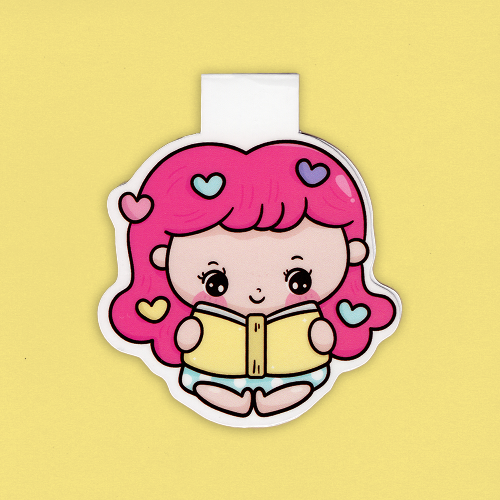 taitettu kirjanmerkki suloisesta kawaii-tyylisestä tytöstä joka lukee kirjaa.
